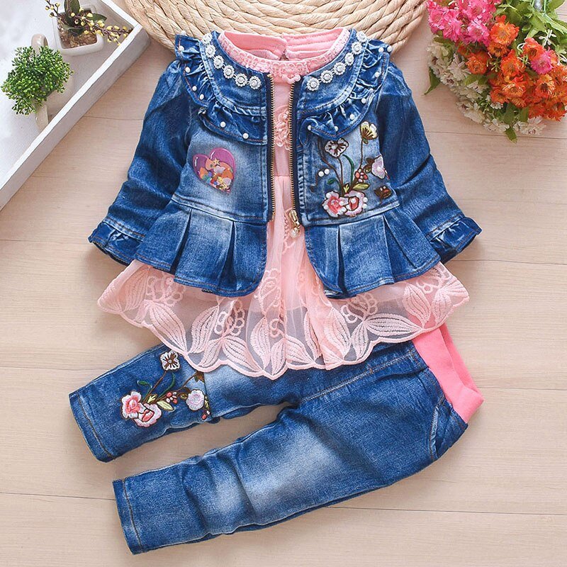 Lente Herfst Baby Meisje Kleding Meisje Denim Kleding Sets 3 Stuks Lange Mouwen T-shirt Jurk Tops Bebe Denim jas En Jeans
