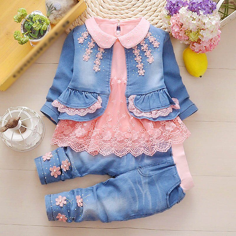 Lente Herfst Baby Meisje Kleding Meisje Denim Kleding Sets 3 Stuks Lange Mouwen T-shirt Jurk Tops Bebe Denim jas En Jeans