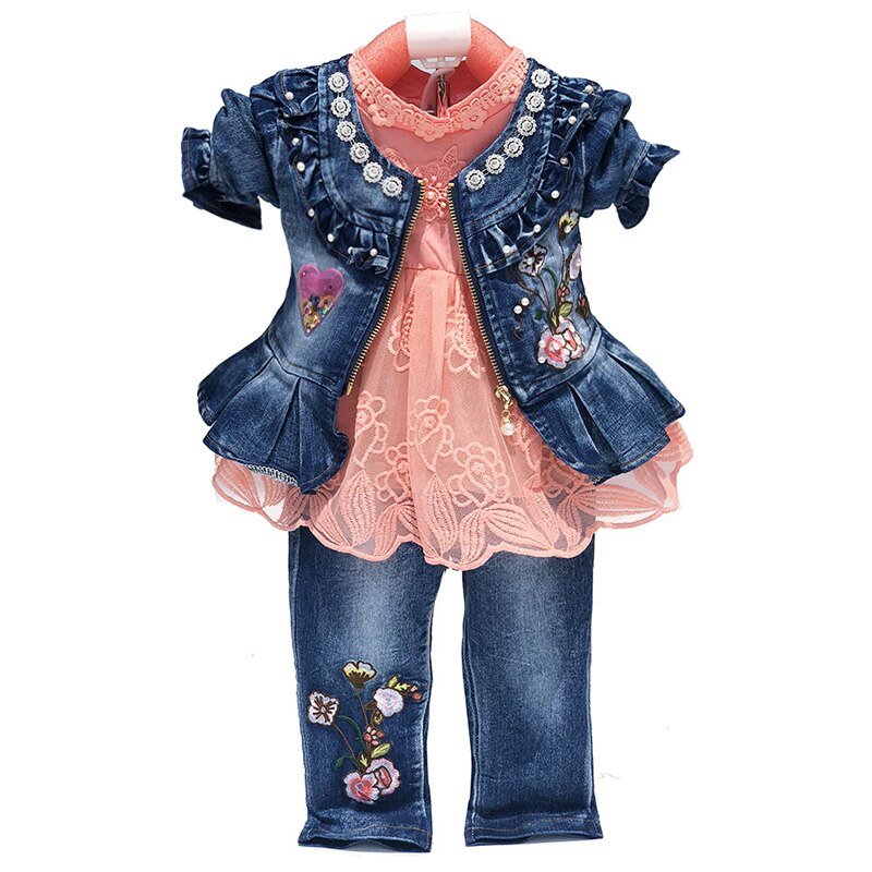 Lente Herfst Baby Meisje Kleding Meisje Denim Kleding Sets 3 Stuks Lange Mouwen T-shirt Jurk Tops Bebe Denim jas En Jeans
