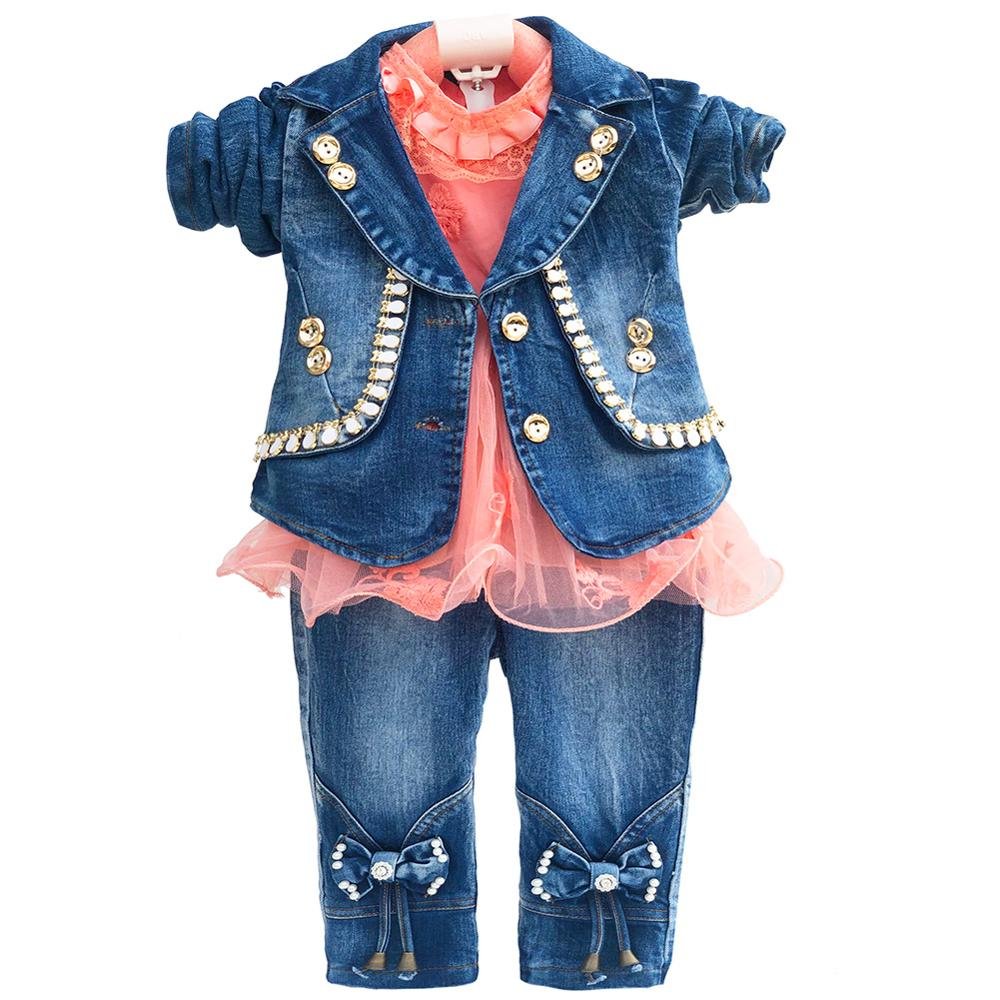 Lente Herfst Baby Meisje Kleding Meisje Denim Kleding Sets 3 Stuks Lange Mouwen T-shirt Jurk Tops Bebe Denim jas En Jeans