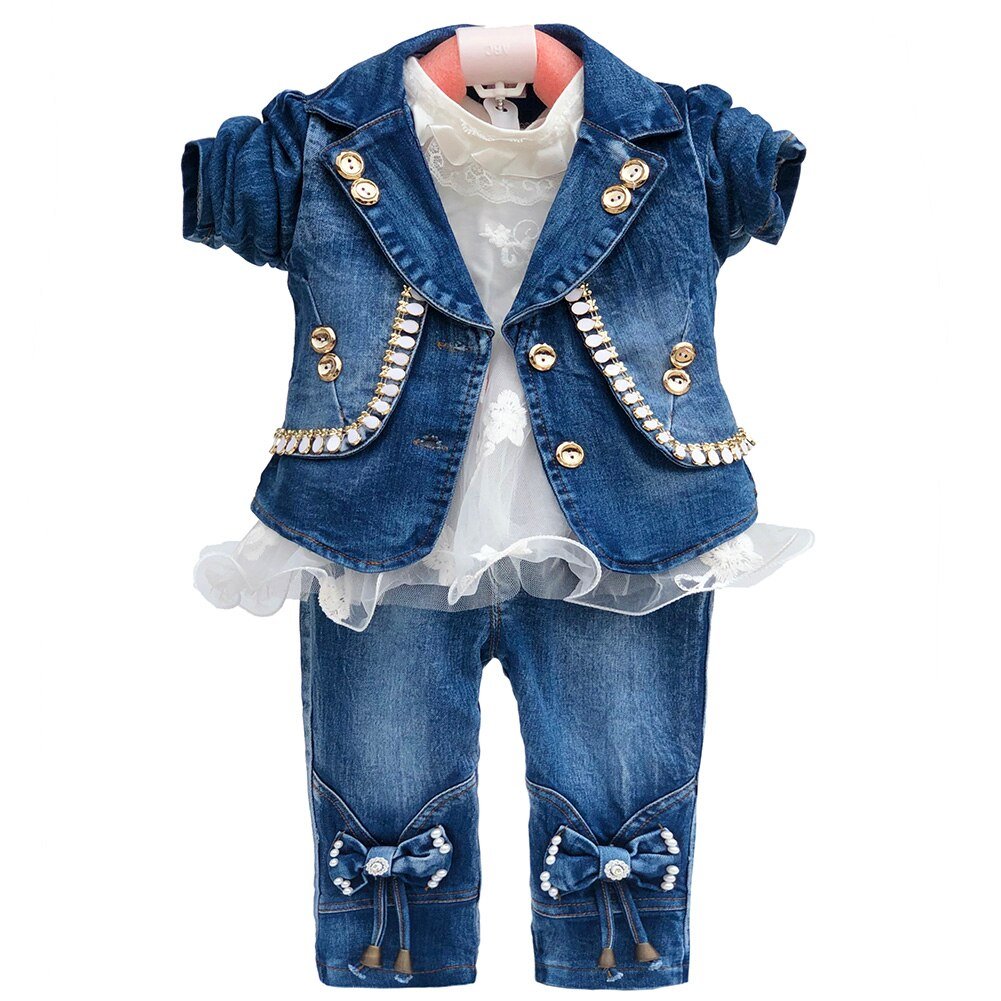 Lente Herfst Baby Meisje Kleding Meisje Denim Kleding Sets 3 Stuks Lange Mouwen T-shirt Jurk Tops Bebe Denim jas En Jeans