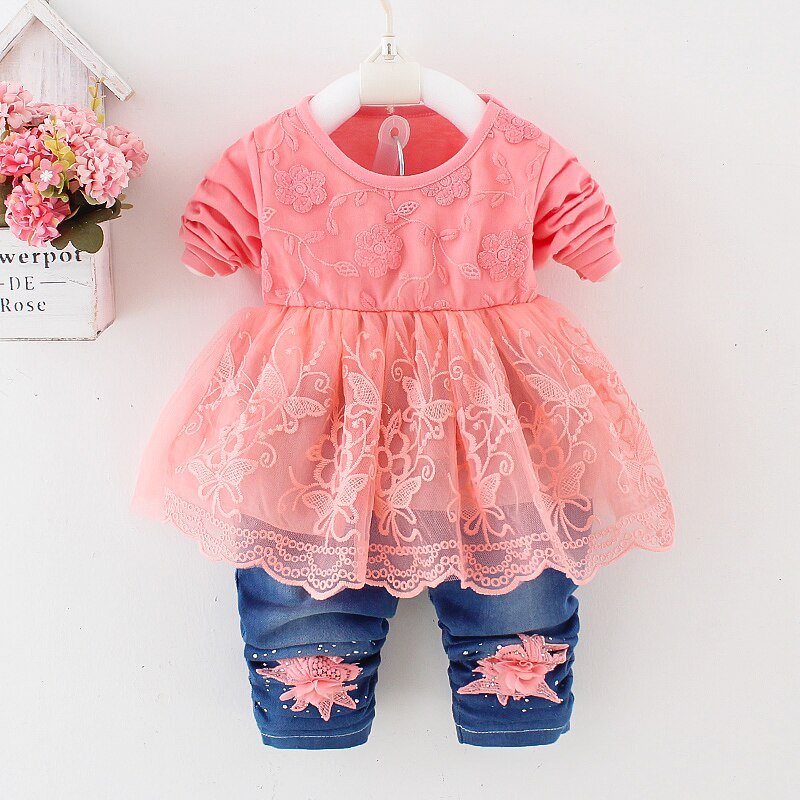Lente Herfst Baby Meisje Kleding Meisje Denim Kleding Sets 3 Stuks Lange Mouwen T-shirt Jurk Tops Bebe Denim jas En Jeans
