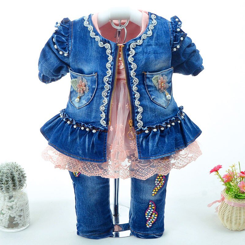 Lente Herfst Baby Meisje Kleding Meisje Denim Kleding Sets 3 Stuks Lange Mouwen T-shirt Jurk Tops Bebe Denim jas En Jeans