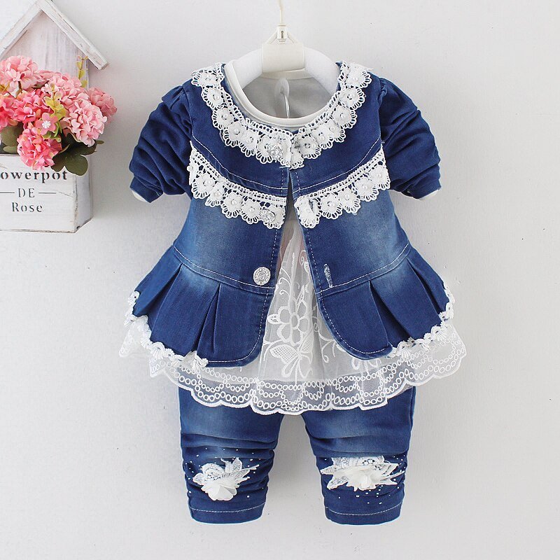 Lente Herfst Baby Meisje Kleding Meisje Denim Kleding Sets 3 Stuks Lange Mouwen T-shirt Jurk Tops Bebe Denim jas En Jeans