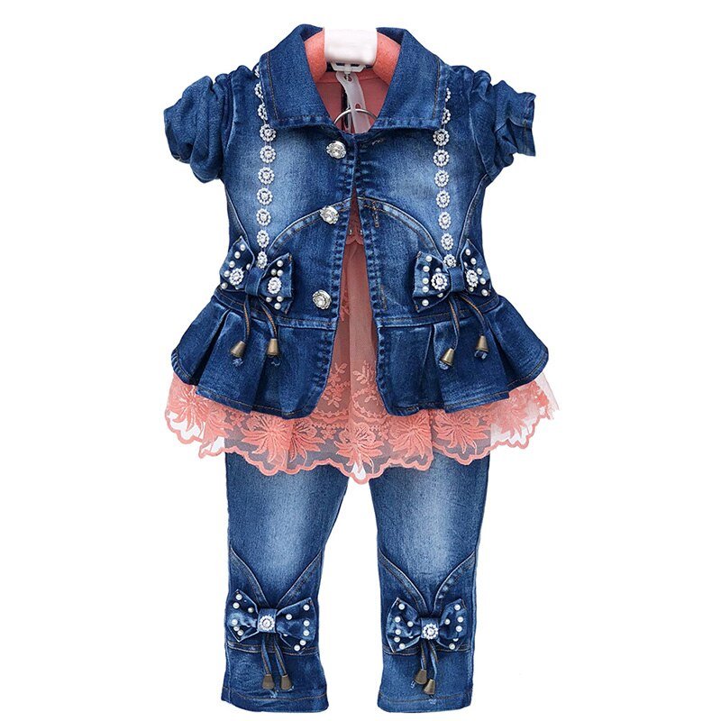Lente Herfst Baby Meisje Kleding Meisje Denim Kleding Sets 3 Stuks Lange Mouwen T-shirt Jurk Tops Bebe Denim jas En Jeans