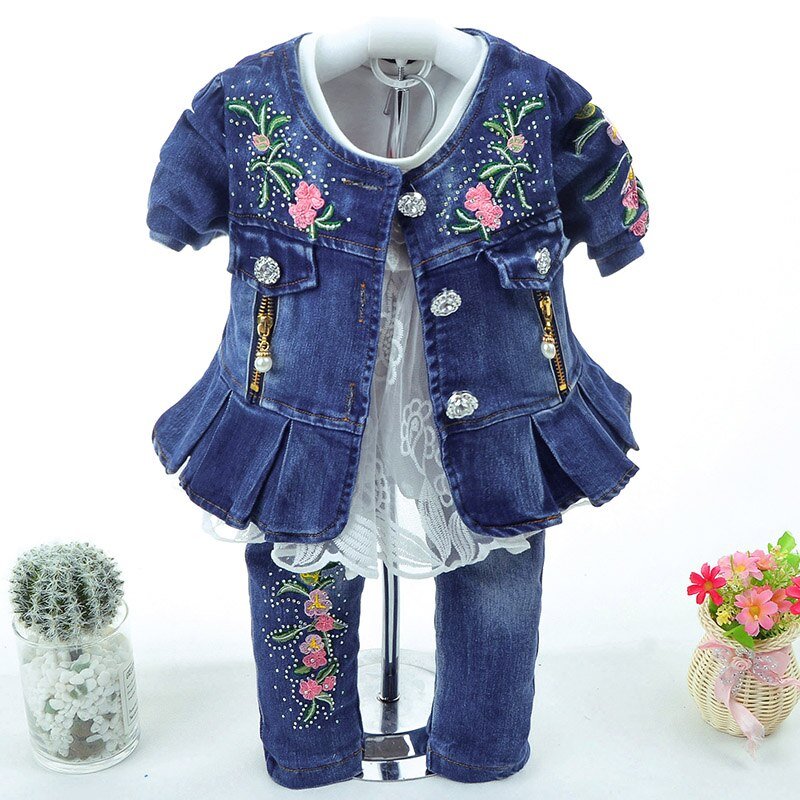 Lente Herfst Baby Meisje Kleding Meisje Denim Kleding Sets 3 Stuks Lange Mouwen T-shirt Jurk Tops Bebe Denim jas En Jeans