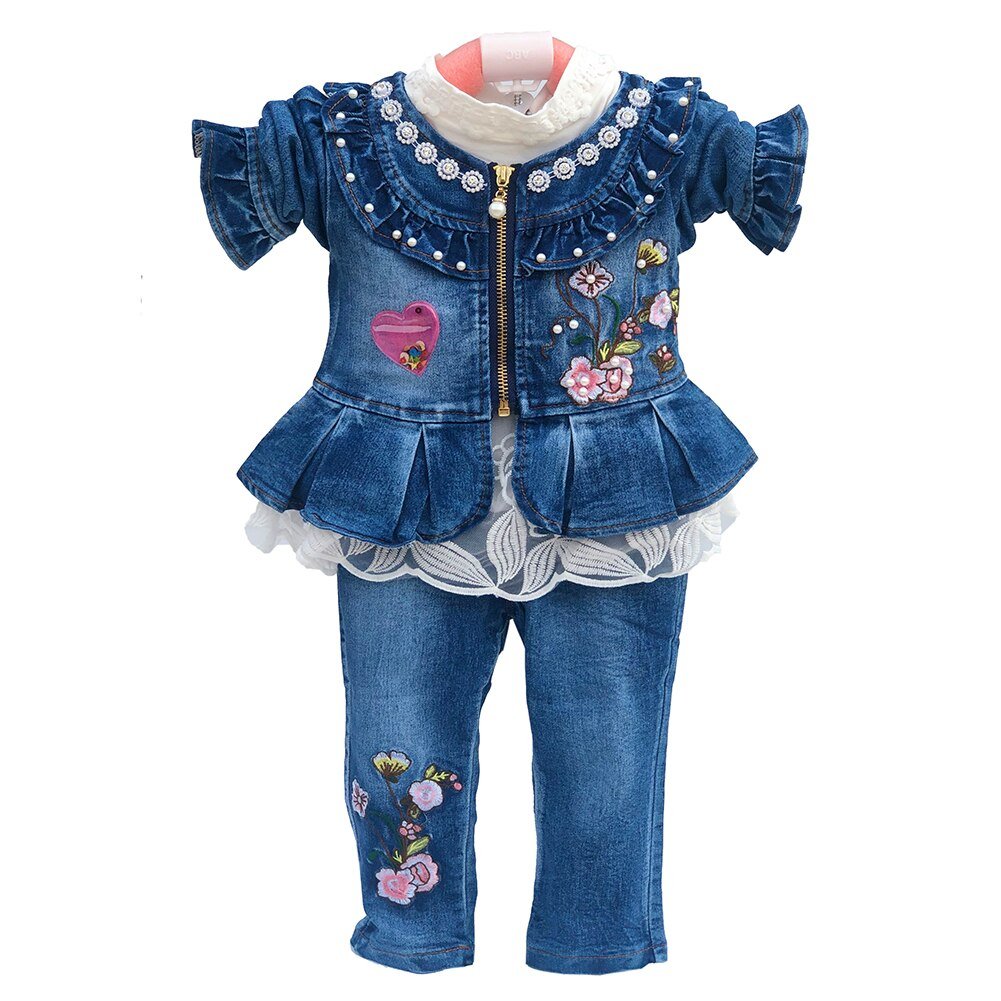 Lente Herfst Baby Meisje Kleding Meisje Denim Kleding Sets 3 Stuks Lange Mouwen T-shirt Jurk Tops Bebe Denim jas En Jeans