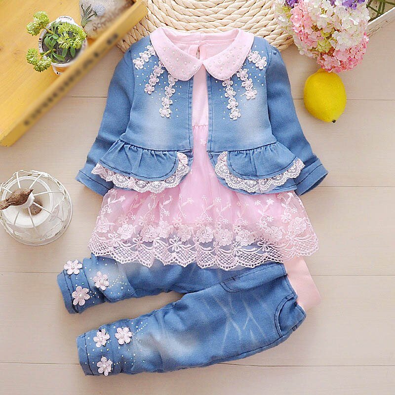 Lente Herfst Baby Meisje Kleding Meisje Denim Kleding Sets 3 Stuks Lange Mouwen T-shirt Jurk Tops Bebe Denim jas En Jeans