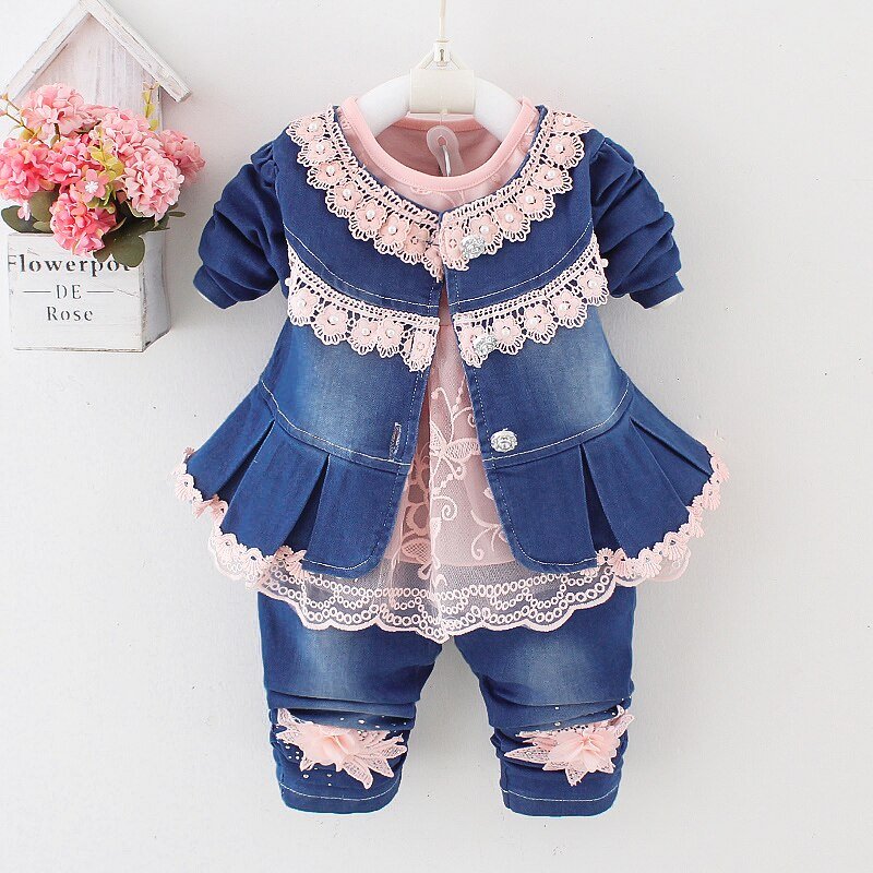 Lente Herfst Baby Meisje Kleding Meisje Denim Kleding Sets 3 Stuks Lange Mouwen T-shirt Jurk Tops Bebe Denim jas En Jeans