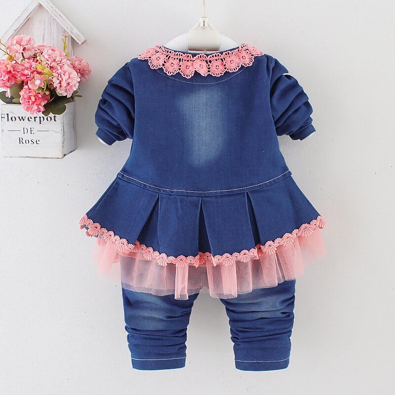 Lente Herfst Baby Meisje Kleding Meisje Denim Kleding Sets 3 Stuks Lange Mouwen T-shirt Jurk Tops Bebe Denim jas En Jeans