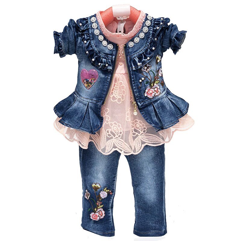Lente Herfst Baby Meisje Kleding Meisje Denim Kleding Sets 3 Stuks Lange Mouwen T-shirt Jurk Tops Bebe Denim jas En Jeans