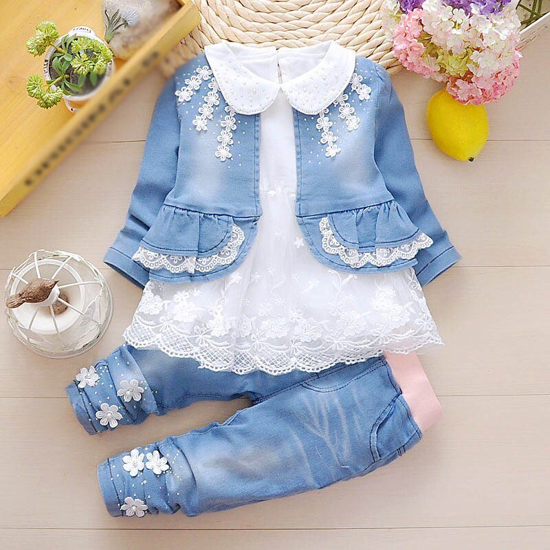 Lente Herfst Baby Meisje Kleding Meisje Denim Kleding Sets 3 Stuks Lange Mouwen T-shirt Jurk Tops Bebe Denim jas En Jeans