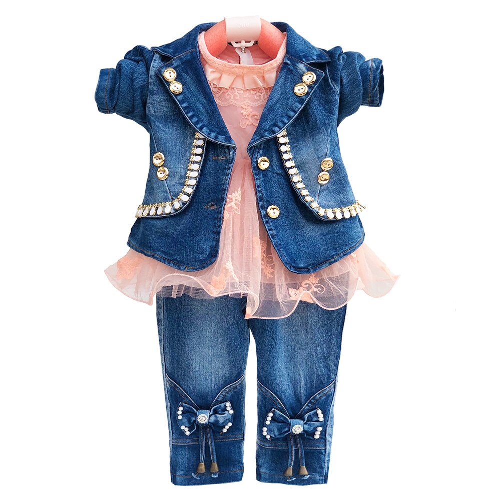 Lente Herfst Baby Meisje Kleding Meisje Denim Kleding Sets 3 Stuks Lange Mouwen T-shirt Jurk Tops Bebe Denim jas En Jeans