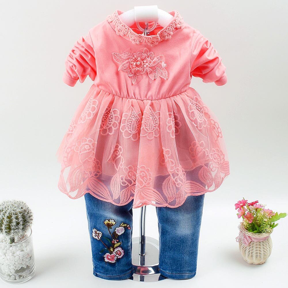 Lente Herfst Baby Meisje Kleding Meisje Denim Kleding Sets 3 Stuks Lange Mouwen T-shirt Jurk Tops Bebe Denim jas En Jeans