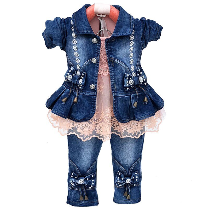 Lente Herfst Baby Meisje Kleding Meisje Denim Kleding Sets 3 Stuks Lange Mouwen T-shirt Jurk Tops Bebe Denim jas En Jeans