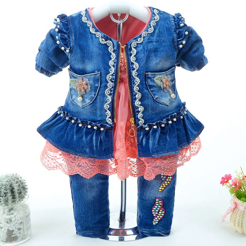 Lente Herfst Baby Meisje Kleding Meisje Denim Kleding Sets 3 Stuks Lange Mouwen T-shirt Jurk Tops Bebe Denim jas En Jeans