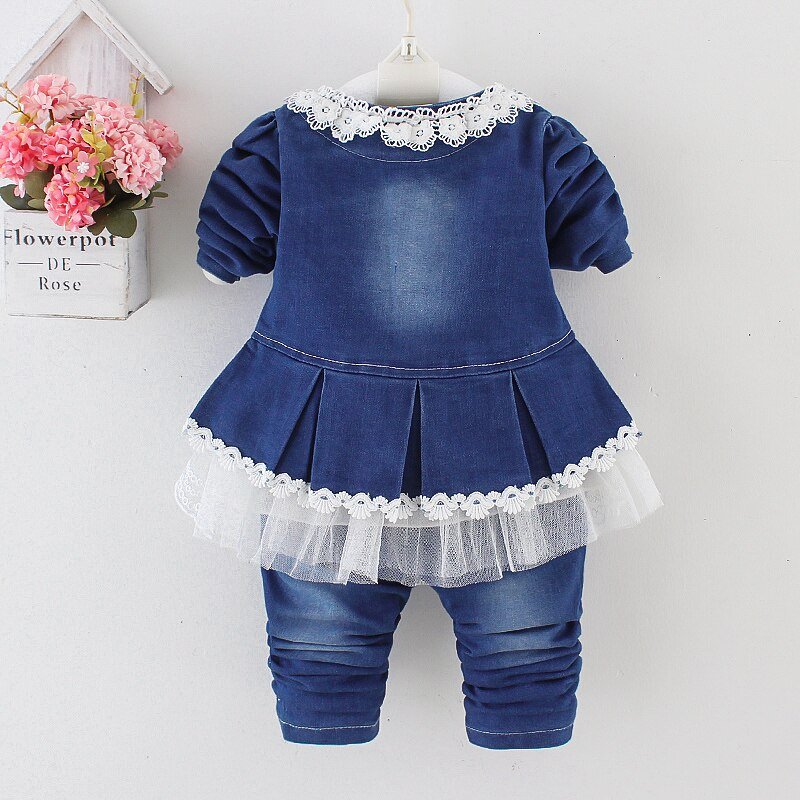 Lente Herfst Baby Meisje Kleding Meisje Denim Kleding Sets 3 Stuks Lange Mouwen T-shirt Jurk Tops Bebe Denim jas En Jeans