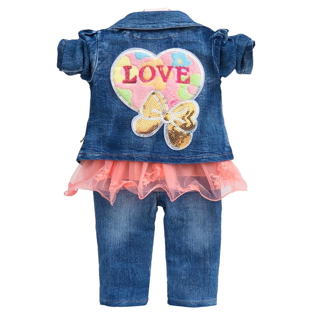 Lente Herfst Baby Meisje Kleding Meisje Denim Kleding Sets 3 Stuks Lange Mouwen T-shirt Jurk Tops Bebe Denim jas En Jeans
