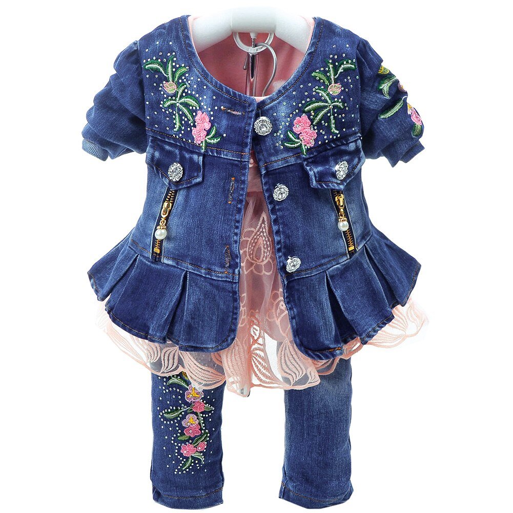 Lente Herfst Baby Meisje Kleding Meisje Denim Kleding Sets 3 Stuks Lange Mouwen T-shirt Jurk Tops Bebe Denim jas En Jeans