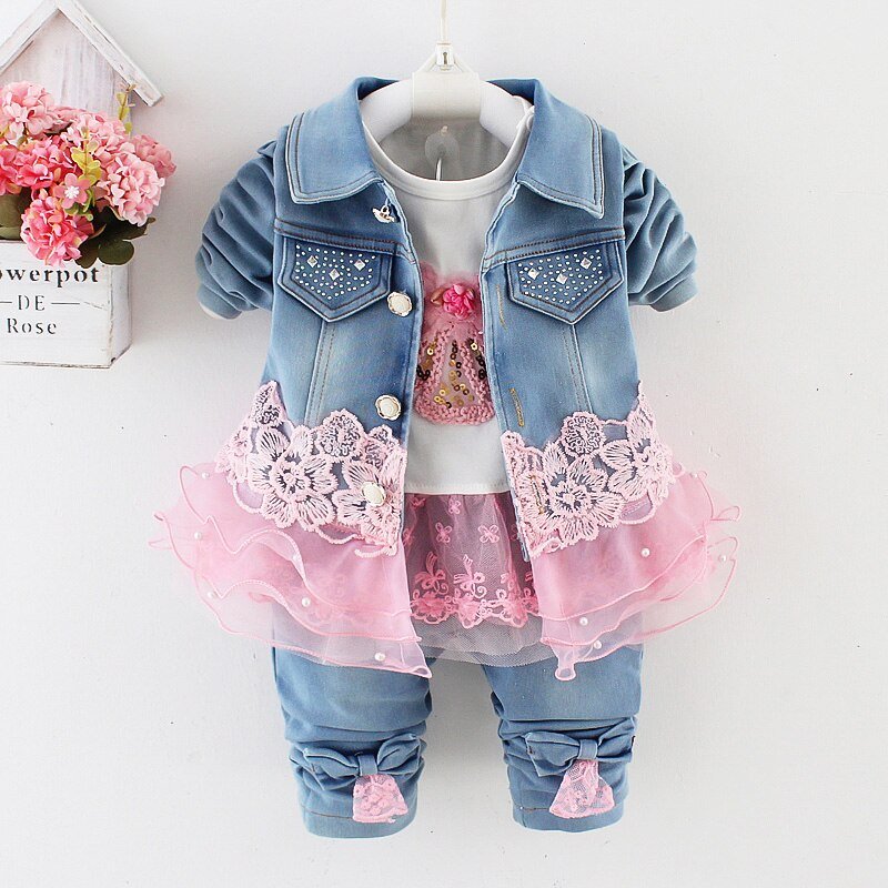 Lente Herfst Baby Meisje Kleding Meisje Denim Kleding Sets 3 Stuks Lange Mouwen T-shirt Jurk Tops Bebe Denim jas En Jeans