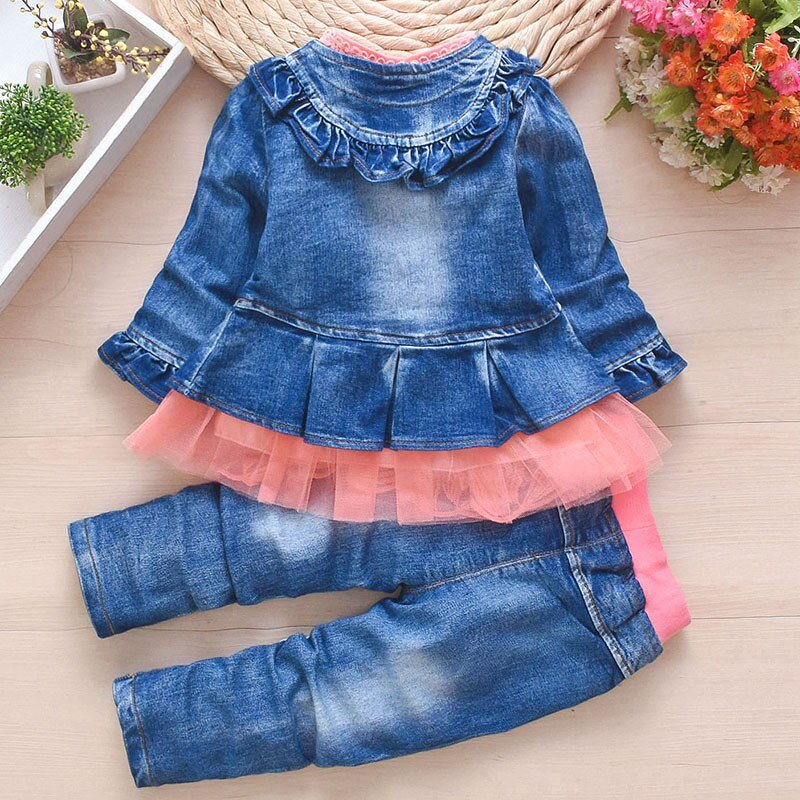 Lente Herfst Baby Meisje Kleding Meisje Denim Kleding Sets 3 Stuks Lange Mouwen T-shirt Jurk Tops Bebe Denim jas En Jeans