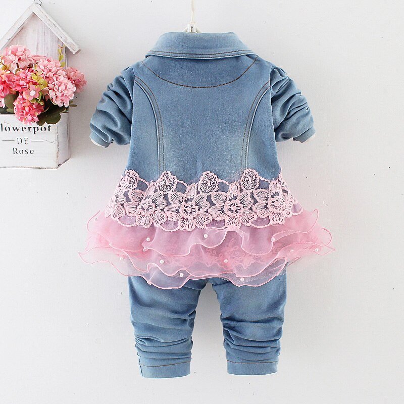 Lente Herfst Baby Meisje Kleding Meisje Denim Kleding Sets 3 Stuks Lange Mouwen T-shirt Jurk Tops Bebe Denim jas En Jeans