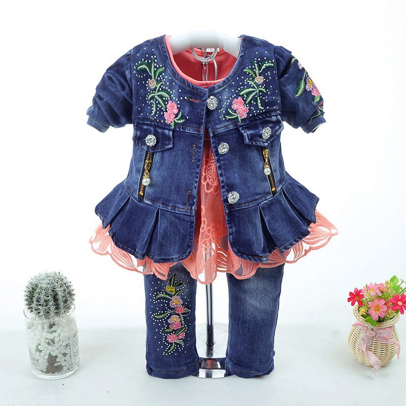 Lente Herfst Baby Meisje Kleding Meisje Denim Kleding Sets 3 Stuks Lange Mouwen T-shirt Jurk Tops Bebe Denim jas En Jeans