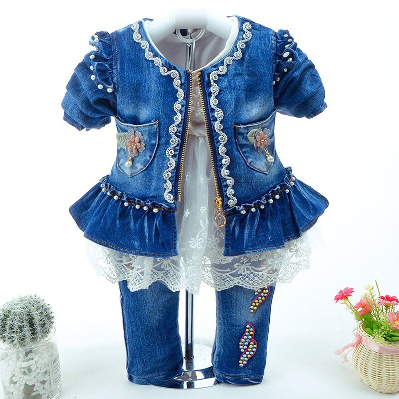 Lente Herfst Baby Meisje Kleding Meisje Denim Kleding Sets 3 Stuks Lange Mouwen T-shirt Jurk Tops Bebe Denim jas En Jeans