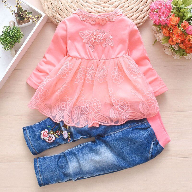 Lente Herfst Baby Meisje Kleding Meisje Denim Kleding Sets 3 Stuks Lange Mouwen T-shirt Jurk Tops Bebe Denim jas En Jeans