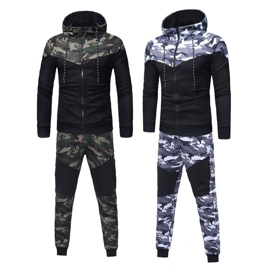 Mannen Camouflage Gedrukt Set 2019 Nieuwe Causale Patchwork Jas Trainingspak Sportkleding Hoodies Sweatshirt Broek Jogger Pak Mannen Camouflage Gedrukt Set 2019 Nieuwe Causale Patchwork Jas Trainingspak Sportkleding Hoodies Sweatshirt Broek Jogger Pak