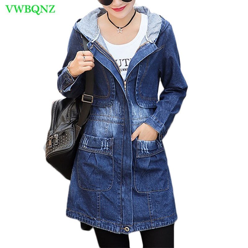 Lente Herfst Nieuwe Denim Jacket Vrouwen Koreaanse Losse Lange Jeans Jassen Vrouwen Rits Plus Size Hooded Basic Jas Jassen 5XL A513