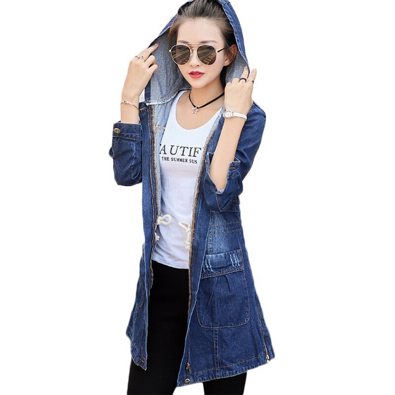 Lente Herfst Nieuwe Denim Jacket Vrouwen Koreaanse Losse Lange Jeans Jassen Vrouwen Rits Plus Size Hooded Basic Jas Jassen 5XL A513