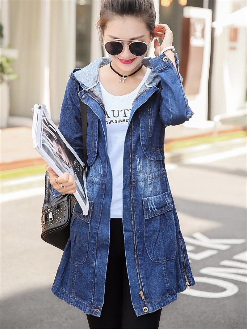 Lente Herfst Nieuwe Denim Jacket Vrouwen Koreaanse Losse Lange Jeans Jassen Vrouwen Rits Plus Size Hooded Basic Jas Jassen 5XL A513