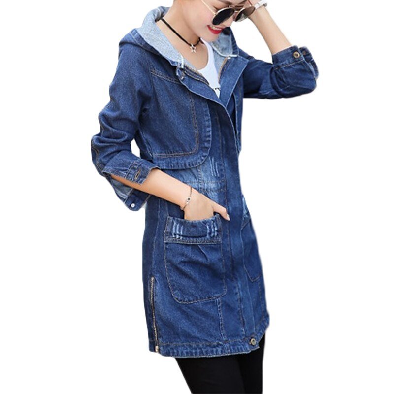 Lente Herfst Nieuwe Denim Jacket Vrouwen Koreaanse Losse Lange Jeans Jassen Vrouwen Rits Plus Size Hooded Basic Jas Jassen 5XL A513