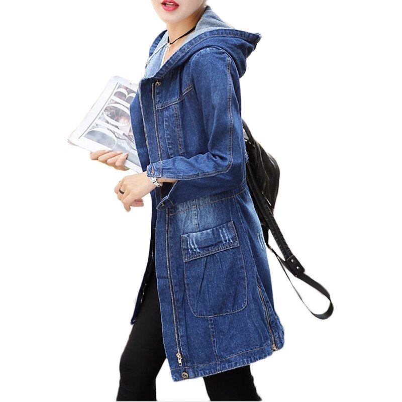 Lente Herfst Nieuwe Denim Jacket Vrouwen Koreaanse Losse Lange Jeans Jassen Vrouwen Rits Plus Size Hooded Basic Jas Jassen 5XL A513
