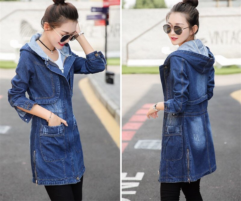 Lente Herfst Nieuwe Denim Jacket Vrouwen Koreaanse Losse Lange Jeans Jassen Vrouwen Rits Plus Size Hooded Basic Jas Jassen 5XL A513