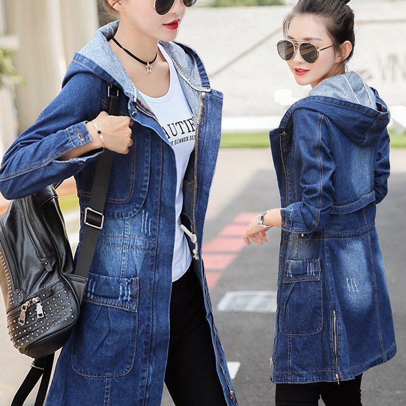 Lente Herfst Nieuwe Denim Jacket Vrouwen Koreaanse Losse Lange Jeans Jassen Vrouwen Rits Plus Size Hooded Basic Jas Jassen 5XL A513