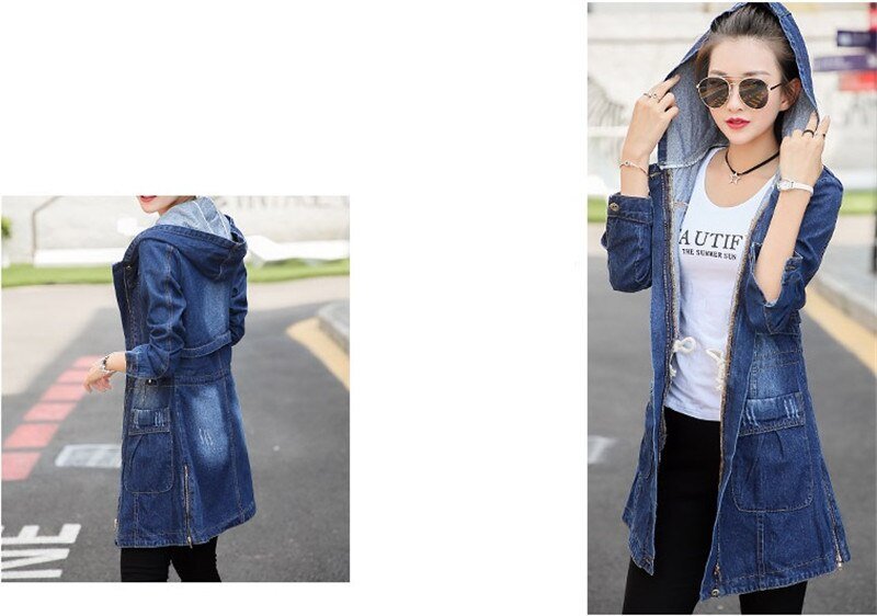 Lente Herfst Nieuwe Denim Jacket Vrouwen Koreaanse Losse Lange Jeans Jassen Vrouwen Rits Plus Size Hooded Basic Jas Jassen 5XL A513
