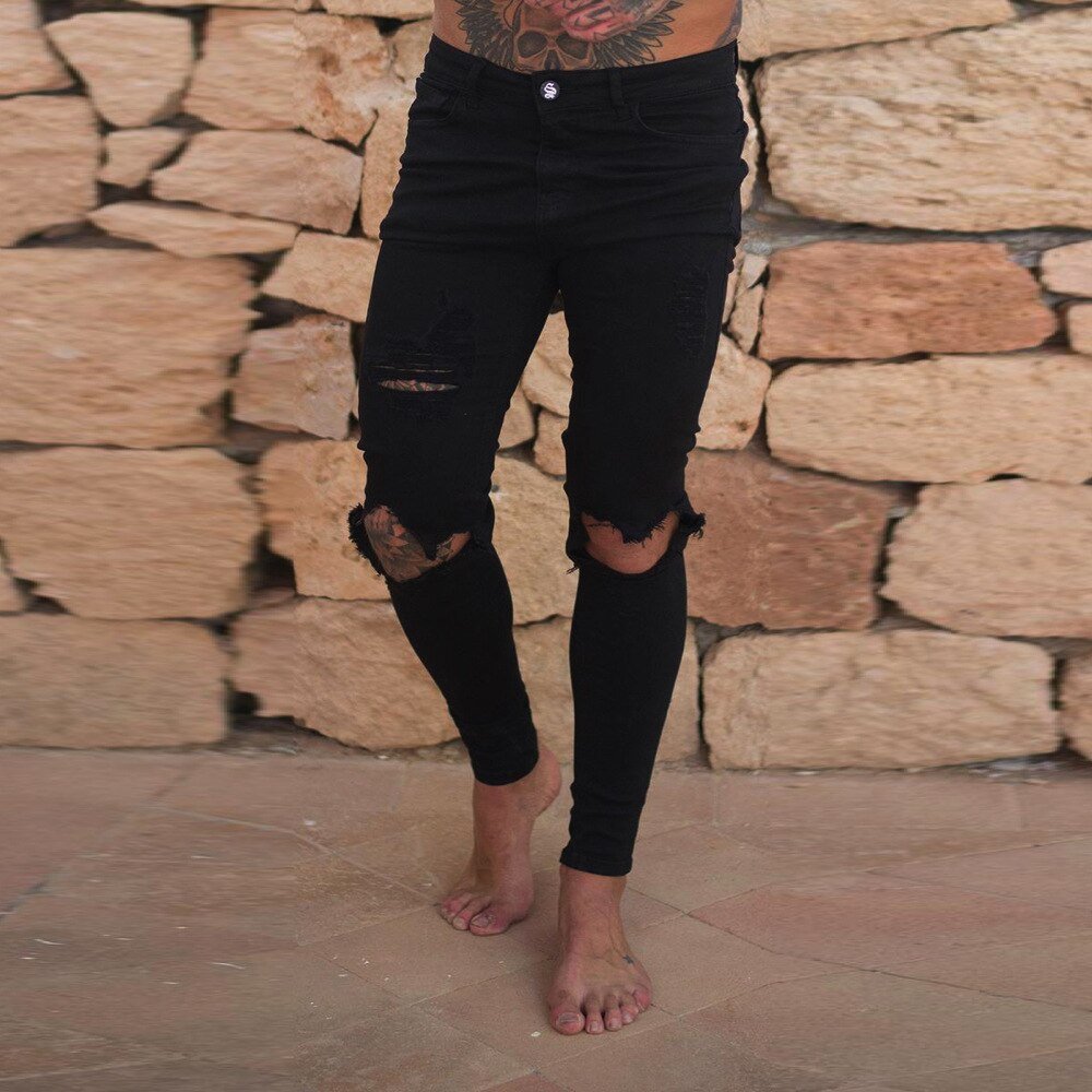 Wihte Mannen Knie Ripped Gaten Skinny Vernietigd Jeans Fashion Slim Fit Hip Hop Mens Streetwear Katoen Hoge Kwaliteit Joggers Jeans