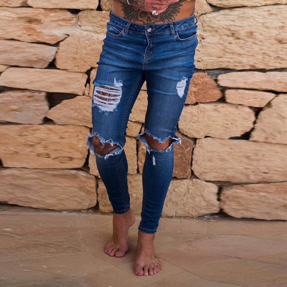 Wihte Mannen Knie Ripped Gaten Skinny Vernietigd Jeans Fashion Slim Fit Hip Hop Mens Streetwear Katoen Hoge Kwaliteit Joggers Jeans