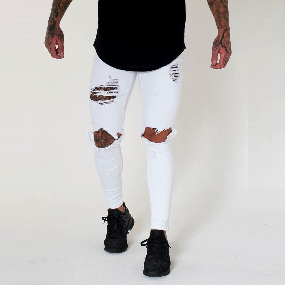 Wihte Mannen Knie Ripped Gaten Skinny Vernietigd Jeans Fashion Slim Fit Hip Hop Mens Streetwear Katoen Hoge Kwaliteit Joggers Jeans