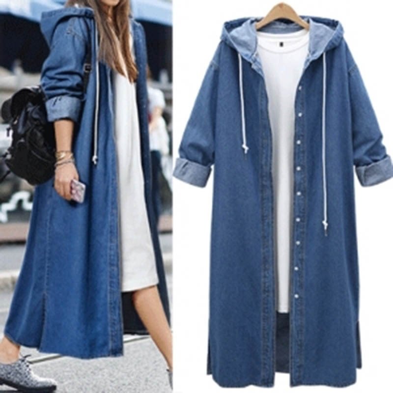 Lange Jeans Jas Vrouwen Hooded Kurtka Jeans Veste Jean Femme Demin Jaqueta Jeans Denim Jas Oversize Vrouwen Plus Size 4xl xxxxl