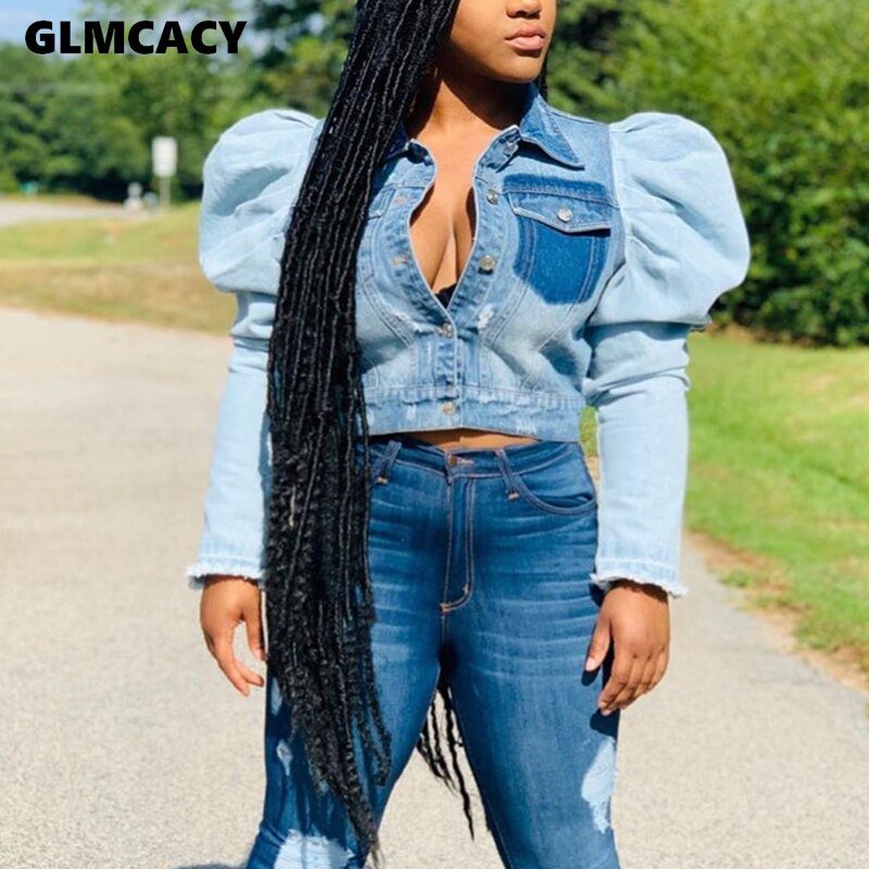 Plus Size Vrouwen Cropped Jeans Jas Vrouwen Herfst Lange Mouw Ruches Rits Vintage Bomberjack Korte Blue Denim Jacket Jassen