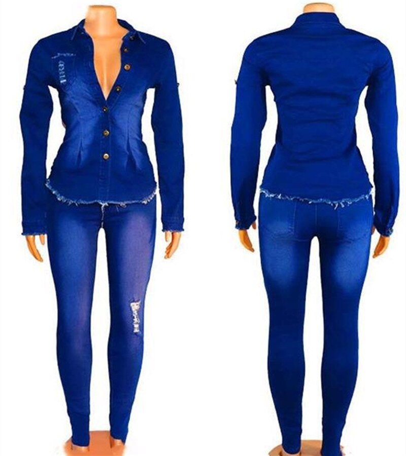 Lente Casual Jeans Pak Vrouwen Denim Tweedelige Set Lange Mouwen Jeans Top En Lange Broek Slim Trainingspak Club Outfits streetwear