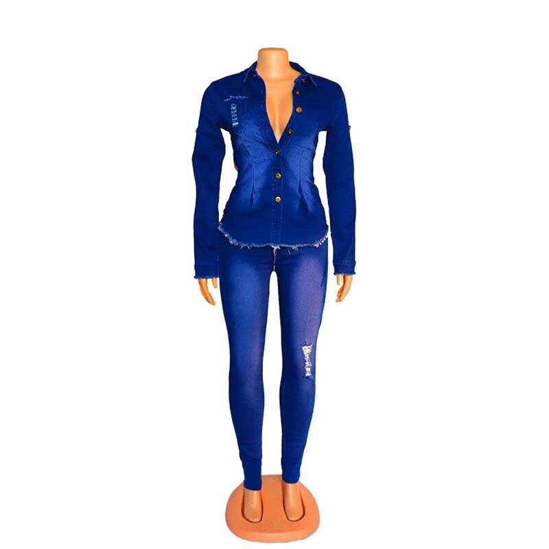 Lente Casual Jeans Pak Vrouwen Denim Tweedelige Set Lange Mouwen Jeans Top En Lange Broek Slim Trainingspak Club Outfits streetwear