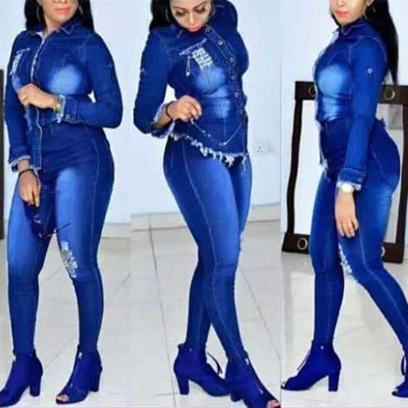 Lente Casual Jeans Pak Vrouwen Denim Tweedelige Set Lange Mouwen Jeans Top En Lange Broek Slim Trainingspak Club Outfits streetwear