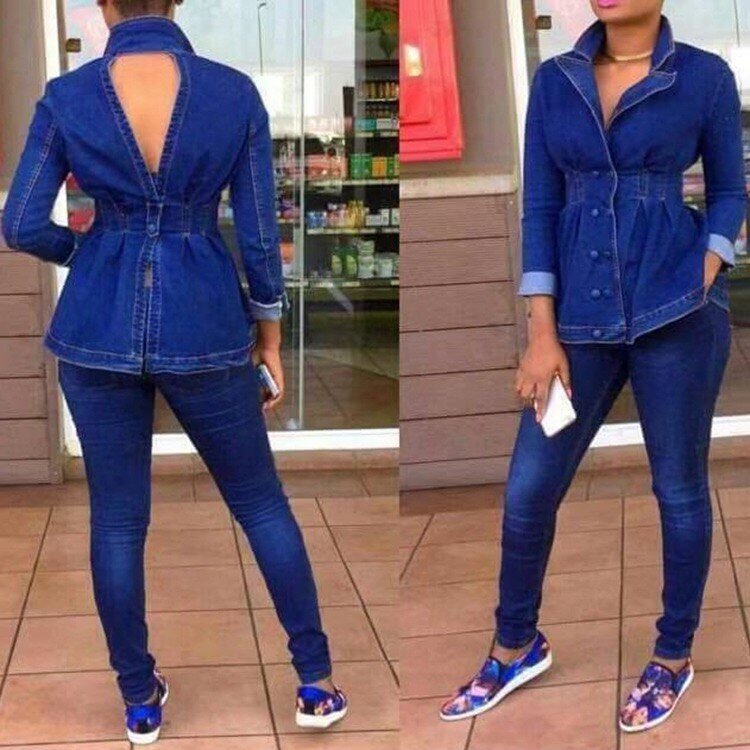 Vrouwen Jeans Sets Jassen Jas Top Skinny Broek Sets Herfst Herfst 2020 Lange Mouw Knop Turn Down Kraag Knop Mode jean Set