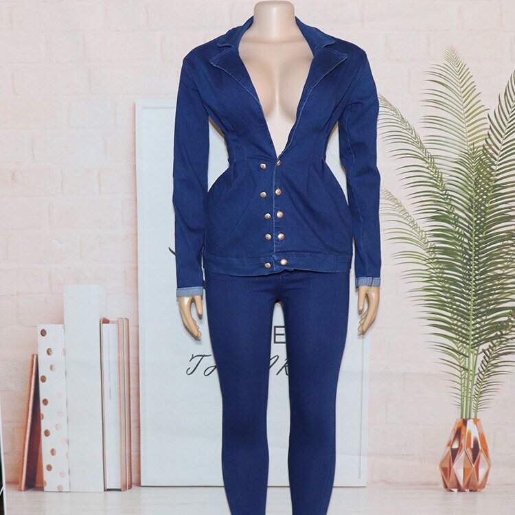 Vrouwen Jeans Sets Jassen Jas Top Skinny Broek Sets Herfst Herfst 2020 Lange Mouw Knop Turn Down Kraag Knop Mode jean Set