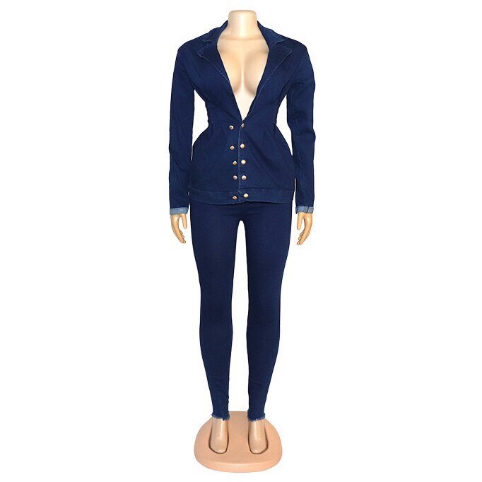 Vrouwen Jeans Sets Jassen Jas Top Skinny Broek Sets Herfst Herfst 2020 Lange Mouw Knop Turn Down Kraag Knop Mode jean Set