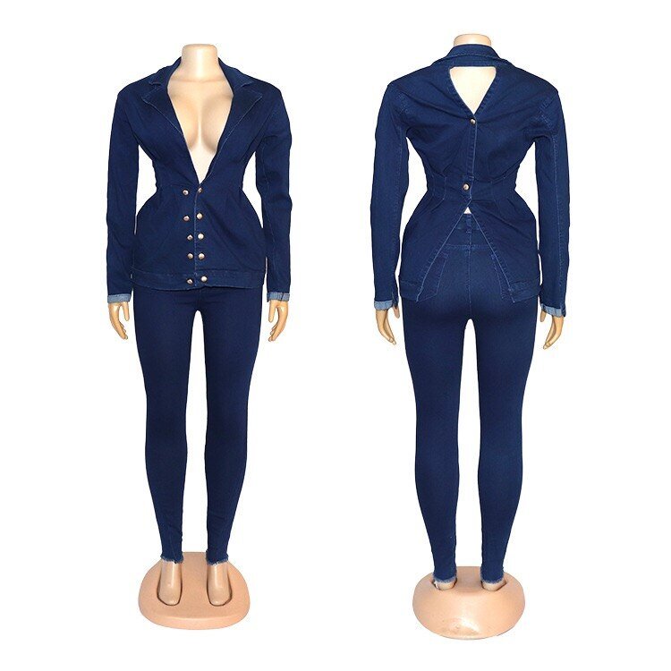 Vrouwen Jeans Sets Jassen Jas Top Skinny Broek Sets Herfst Herfst 2020 Lange Mouw Knop Turn Down Kraag Knop Mode jean Set